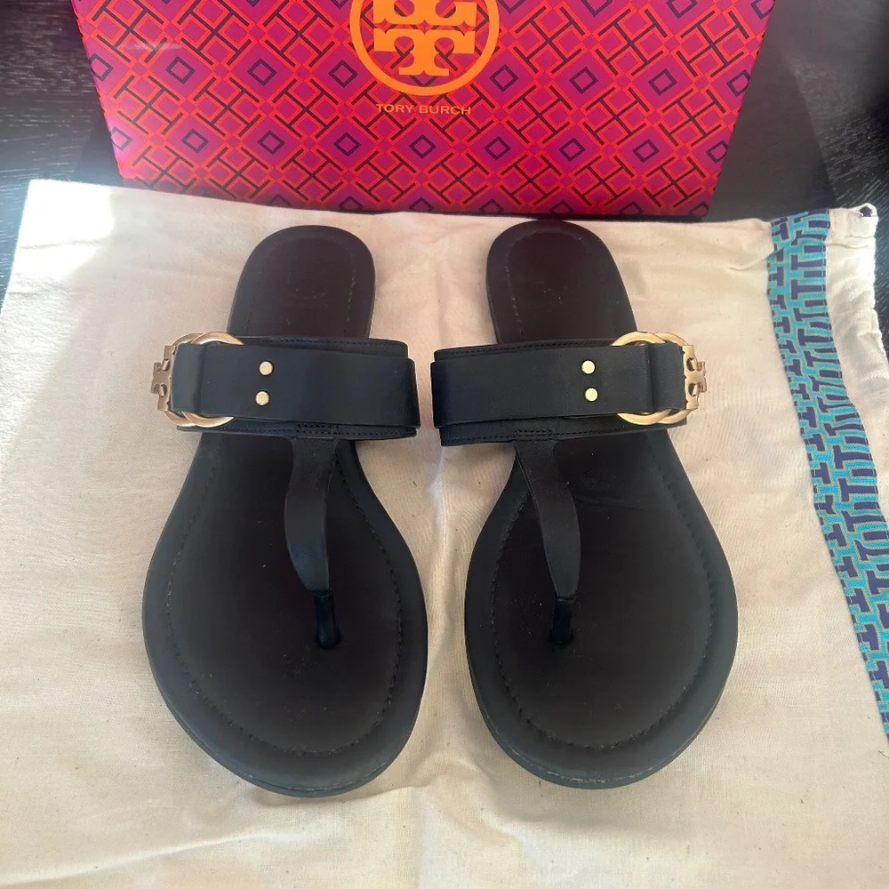 Nearly New Tory Burch Black Marsden Calf Leather Thong Sandals Size 8